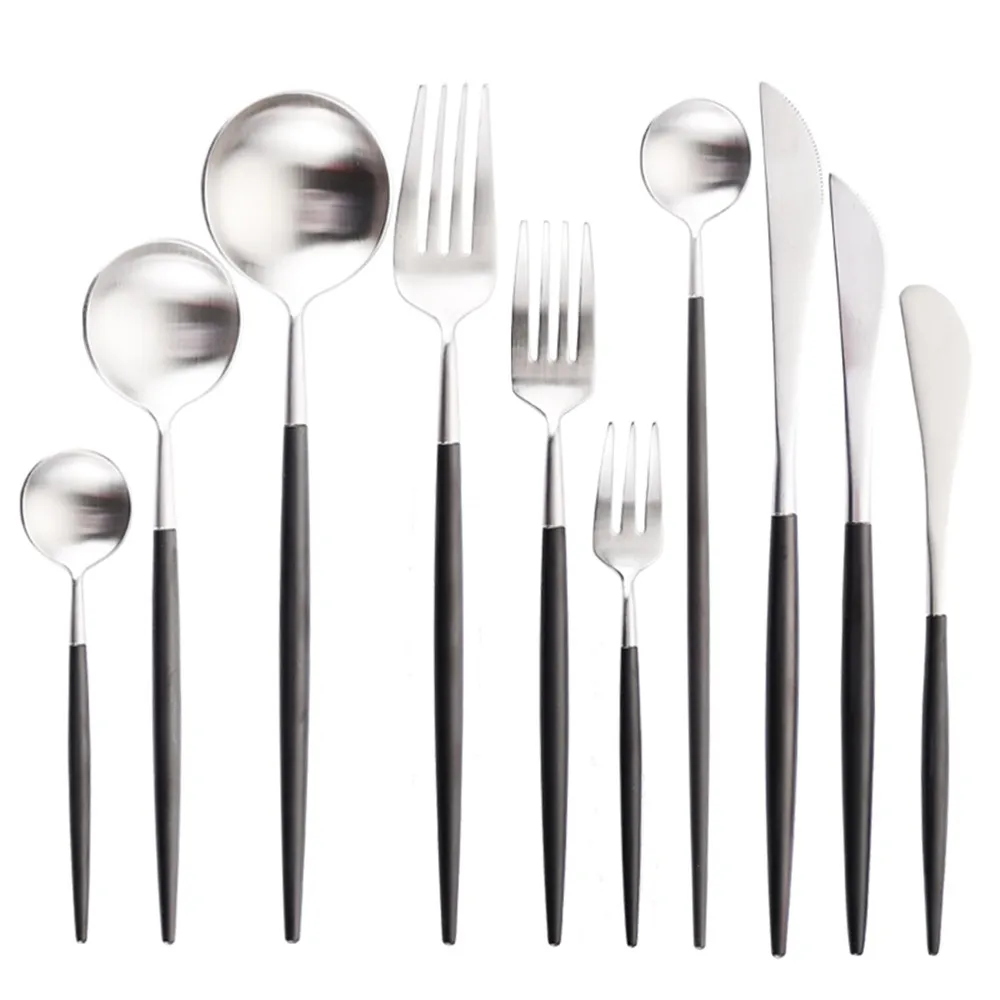 Столовые приборы черного и серебристого цвета для путешествий из нержавеющей стали Dissert Forks масло ножи ужин Кофе Чай ложки палочки для еды посуда Кухня