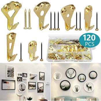 

120Pcs Picture Hangers Kit Wall Picture Hanging Photo Metal Hanging Hooks Hardware Golden Picture Frame Hangers Home Decor