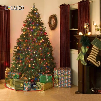 

Laeacco Christmas Tree Gifts Window Curtain Stocking Photophone Photography Backgrounds Photographic Backdrops For Photo Studio