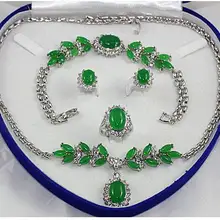 Благородная Посеребренная зеленая Нефритовая Серьга браслет ожерелье кольцо набор