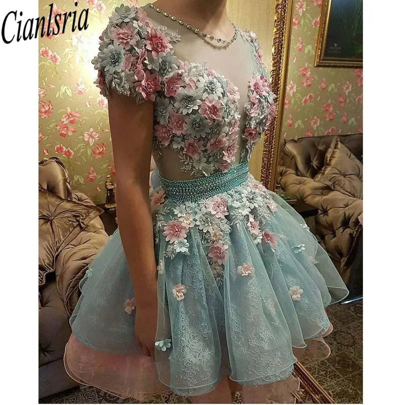 

Потрясающие кружевные платья для встречи выпускников воротник прозрачные украшения 3D Аппликация Короткие платья для выпускного вечера недорогие коктейльные с закрытыми пуговицами сзади