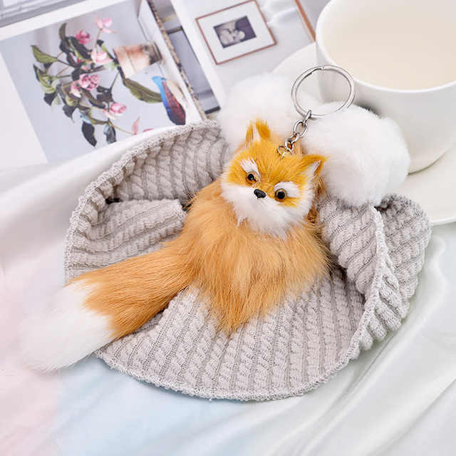 Fluffy Animal Cartoon Fox Keychain Pendant Car Key Ring Holder Bag Purse Ornament Decor Women Jewelry Charm Pompom Keychain