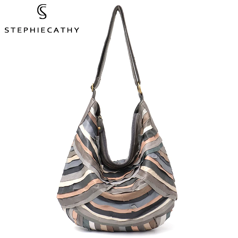 

SC Large Brand Vintage Shoulder Bags For Women Genuine Sheep Leather Patchwork Hobos Soft Colorful Joint Crossbody Handbag Purse