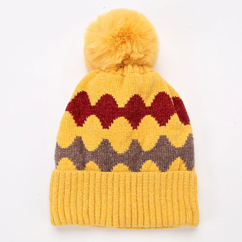 Мягкая шапка с волнистым узором, шапка с помпоном, теплые шапки для женщин, женские зимние шапочки, утолщенные муты, рождественский подарок, капот, Femme - Цвет: yellow