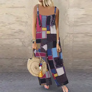 

Women Vintage Cotton Jumpsuit 2020 Summer Strappy Party Long Rompers Casual Ethnic Printed Wide Leg Overalls Playsuits Pants