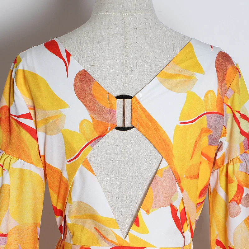 TWOTWINSTYLE Casual Print Dress Women V Neck Lantern Long Sleeve High Waist Ruffles Asymmetrical Dresse For Female Fashion Tide