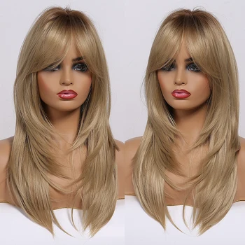 

Long Wavy Layered Synthetic Wigs Light Blonde Ombre Natural Hair Wigs with Bangs for Afro Women Heat Resistant Cosplay Wigs