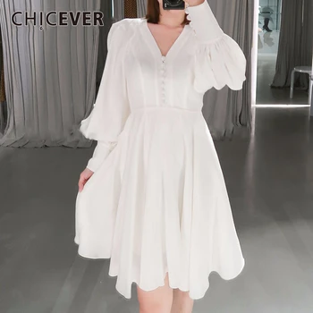 

CHICEVER White Vintage Dress For Women V Neck Lantern Long Sleeves High Waist A Line Dresses Female 2020 Autumn Fashion New