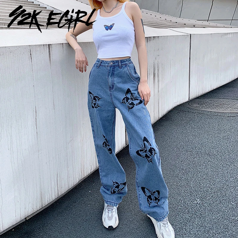 

Y2K EGIRL Gothic Buttefly Graphic Printing High Waist Long Pants Streetwear Harajuku Loosed Demin Blue Wide Leg Jeans 90s Autumn