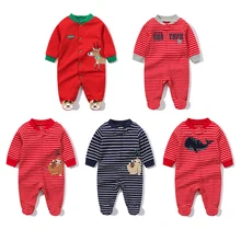 Baby Boys Cartoon Pattern Rompers Girls Stripe Printed Wrap Foot Bodysuits for Autumn Kids Children Christmas Clothes