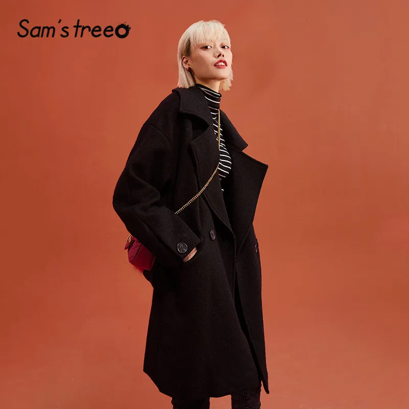 SAM'S TREE/черное одноцветное двубортное повседневное женское Шерстяное Пальто, зимняя однотонная прямая женская верхняя одежда с поясом и длинным рукавом