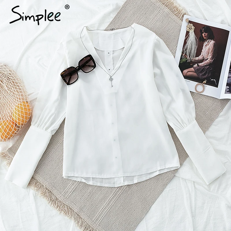 Simplee V neck women blouse shirt Puff sleeve button white blouse Autumn winter lady shirt top Fema