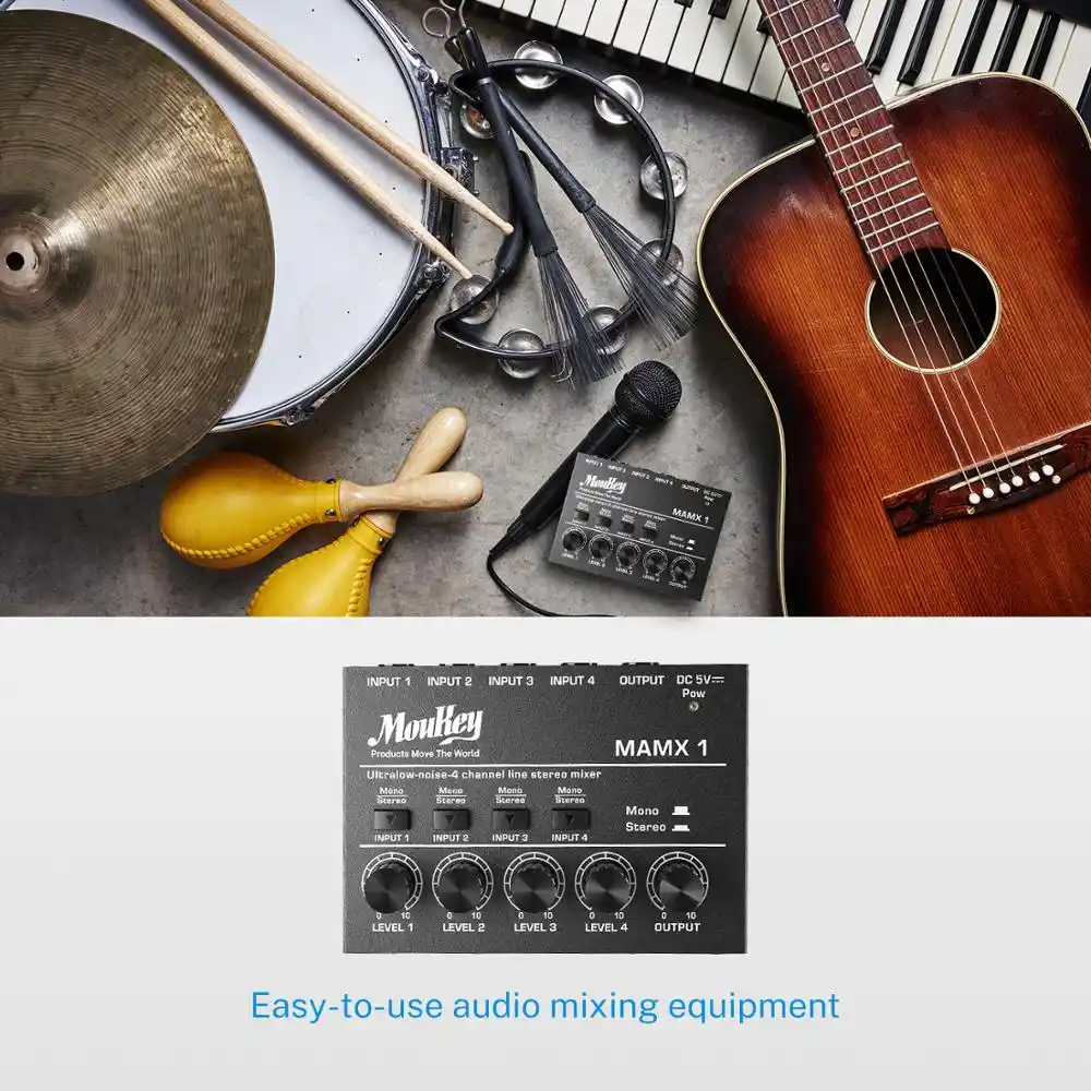 Moukey Audio Mixer Ultra-low-noise 4-channel Line 4 Stereo Mono Switch Mixer for Sub-mixing Mini Clubs as Mic Guitar Stage Mixer