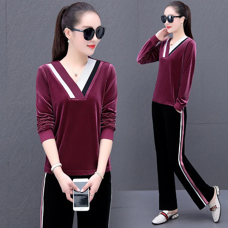 

Women Sportswear Tracksuit Velvet Loose Wide Leg Pant Autumn Running Jogger Outfit Workout Casual Set Sport Suit Sweatshirt+pant