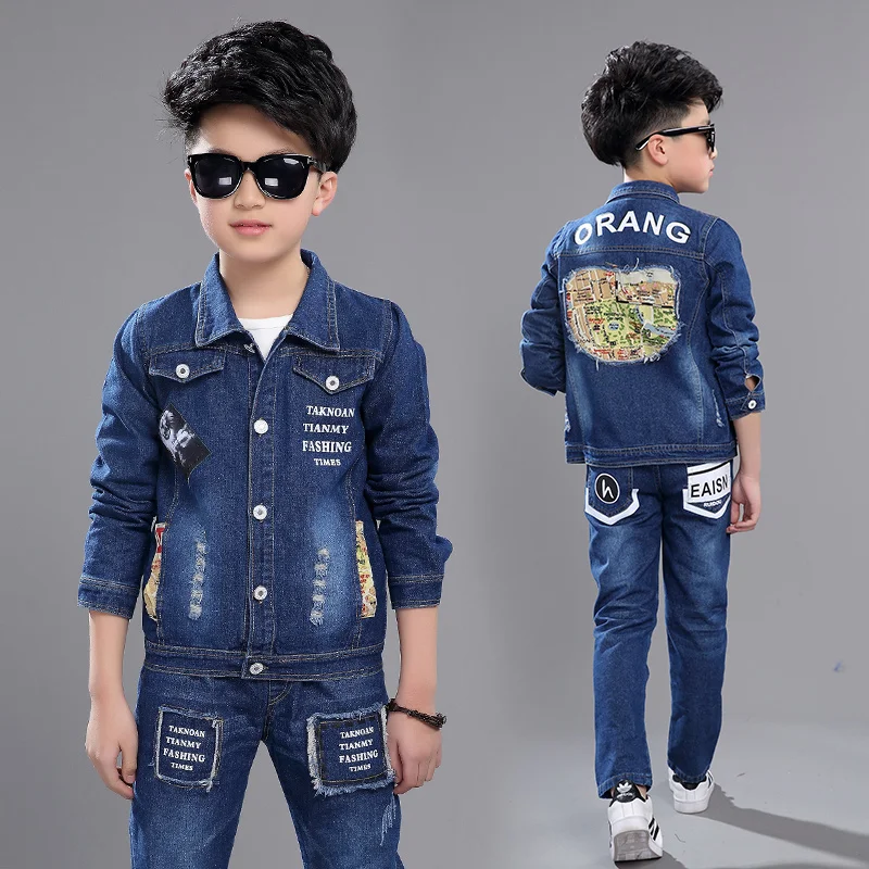 

2019 boys Clothing Set Autumn Boy's map printed denim set cotton Denim Long Sleeve Jacket+ pant +shirt 3pcs set LZY2010