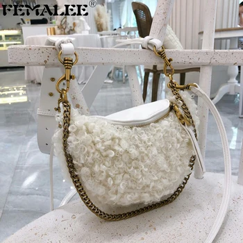 

Korean Handbags Women Fashion Winter Woolpack Shoulder Bag Women's Chains Chest Crossbody Bag Half Moon Messenger Purse Bolsa