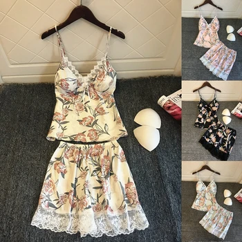 

Pyjamas Women Satin Sleepwear Flower Print Sleeveless Strap Silk Nightwear Lace Satin Cami Top Pajamas Sets Pijama V neck