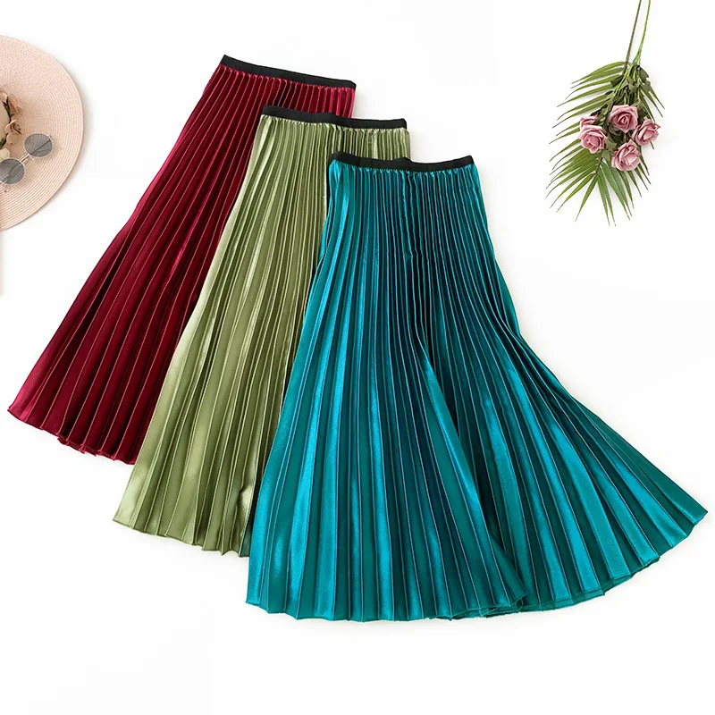 Красная синяя винтажная элегантная миди длинная Плиссированная юбка осень зима Женская корейская мода Высокая талия линия офисная макси юбка женская