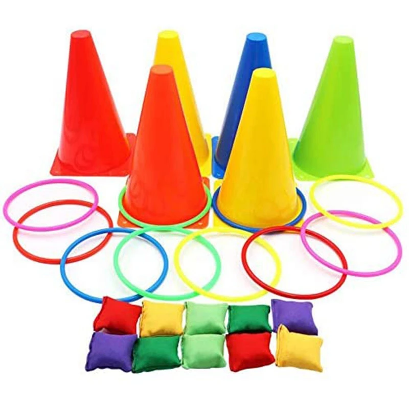 

3 in 1 Ring Game Carnival Combo Set Soft Traffic Cone Bean Bags with Plastic Multicolor Thg Circle Activity Rings