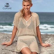 CUPSHE цвета слоновой кости/черный крючком бикини прикрытие женщин сексуальный v-образным вырезом сетки вырезами прозрачное пляжное платье-туника летняя пляжная одежда