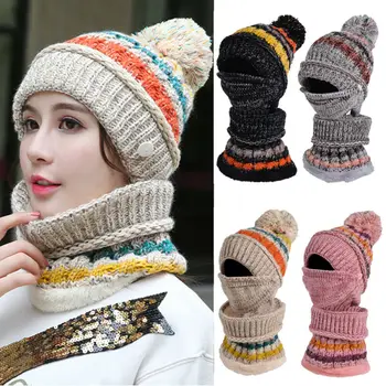 

Set Scarf Hat Winter Women Thick Plus Cashmere Warm Mask Hat Scarf Autumn Women's Knit Beanie Hat Wool Fleece Pom Scarf 2pcs Set