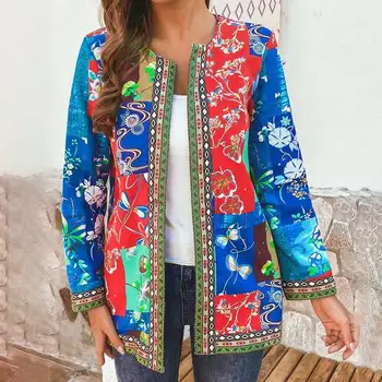 

2020 New Women Autumn Ethnic Floral Print Pockets Long Sleeve Loose Jacket Coat Cardigan Women's clothing женская куртка