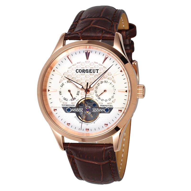 

44mm Corgeut gewolbtes Glass Mondphase Date & Tag Automatic Men Watch