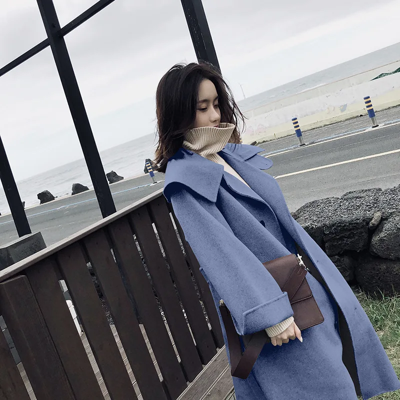 

Photo Shoot Haze Blue Woolen Jacket Women's Mid-length 2019 Winter New Style Korean-style Fashion Loose Thick Duffle Coat