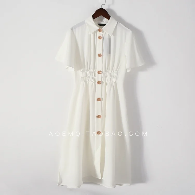 

A Generation of White Elegant Fold-down Collar Button Dress Short Sleeve Women's Entity