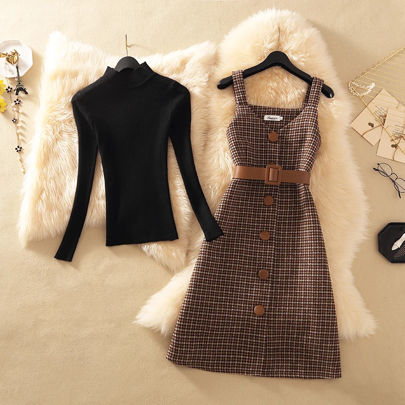 FREE SHIPPING Luxury Two Piece Plaid Tweed Dresses Suits With Belt JKP5883