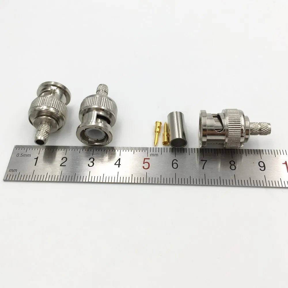 10Pcs Brass 3 in 1 BNC Male Q9 Crimp 50Ω RG58 RG59 RG60 RG142 RG400 LMR195 RF Coax Cable Straight Connector for CCTV Cameras 6