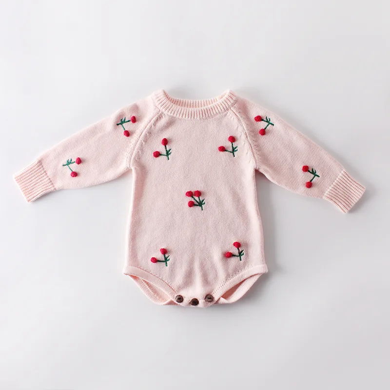 Плотный зимний комбинезон для девочек, комбинезон с длинными рукавами и рисунком вишни для девочек, боди для малышей, детские пижамы - Цвет: Pink