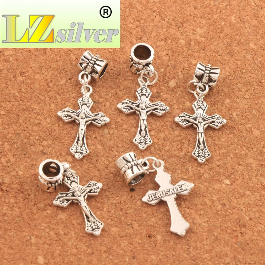 Jesus Christ Crucifix Cross Religious Big Hole Beads 15.2x35.3mm 100PCS Zinc Alloy Dangle Fit European Charm Bracelets B427