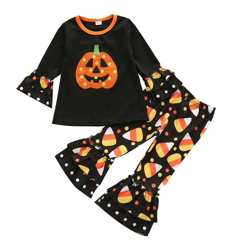 

Halloween Toddler Kids Baby Girl Clothes Pumpkin Ruffle Long Sleeve Tops T shirt Flare Pants Outfit Clothes Set
