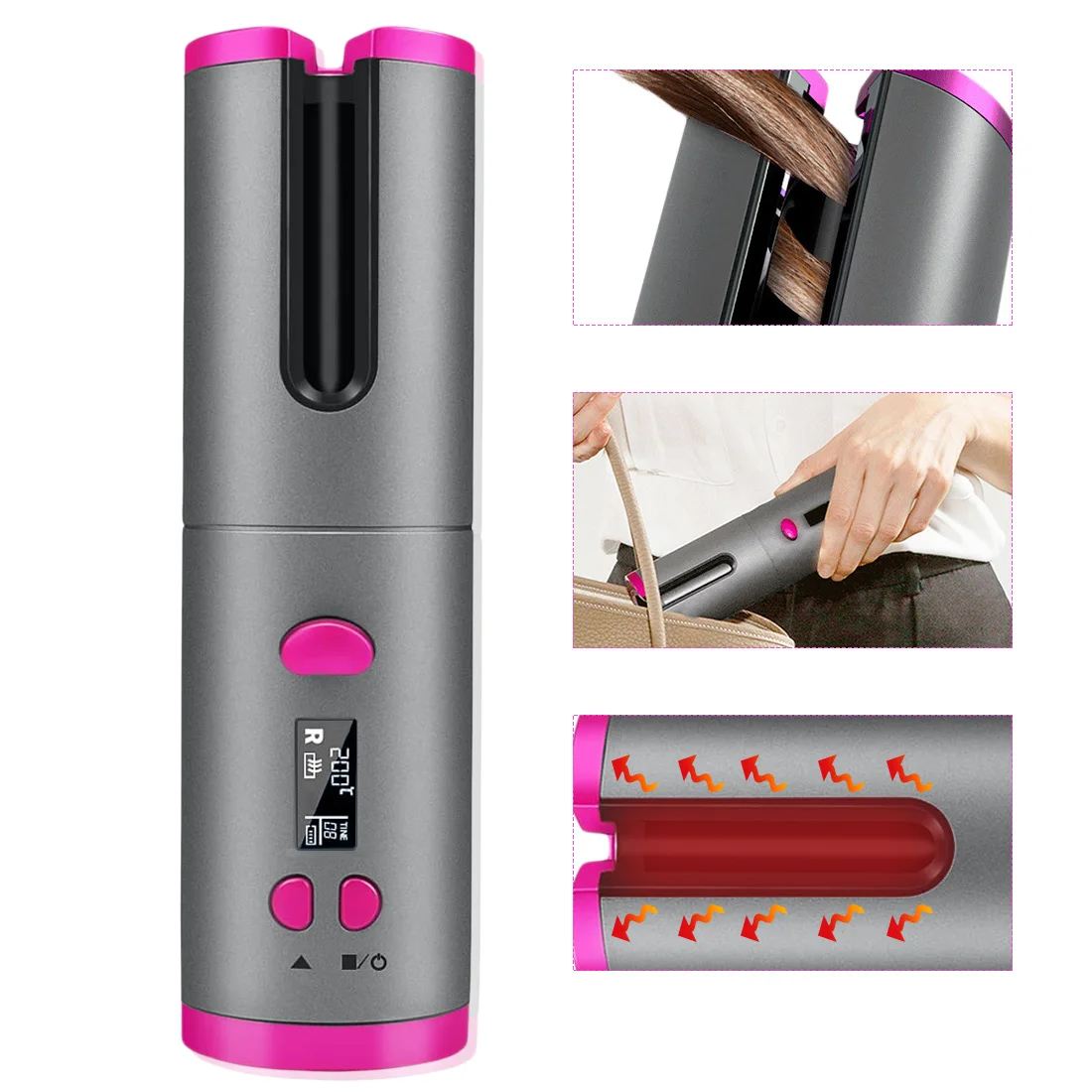 

Automatic Hair Curler Curling Iron Wireless Ceramic Adjustable temperature USB Rechargeable Waver with LED Digital Display