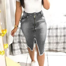 Женские джинсовые юбки, облегающие джинсы с завышенной талией, с разрезом, на молнии, облегающие, модные, однотонные, уличная, Сексуальная Юбка До Колена