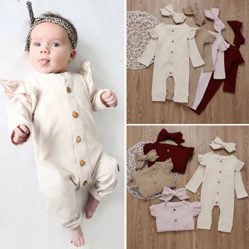 Комплект из 2 предметов; комбинезон для новорожденных девочек и мальчиков; осенняя одежда в полоску; Трикотажный Хлопковый комбинезон с длинными рукавами; однотонная повязка на голову с бантом