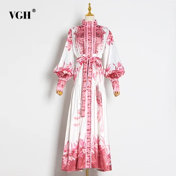 

VGH Vintage Print Women's Dress Stand Collar Lantern Long Sleeve Lace Up High Waist Dresses Female 2020 Spring New Fashion
