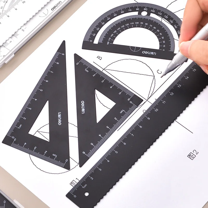 DELI Metal Ruler 20cm Set Stationery for Students Straightedge Triangle Ruler with Wave Line Protractor Compass Triangle Plate