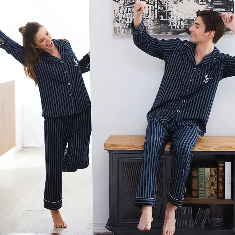Aolamegs Men Pajamas Set Striped Print Sleepwear Soft Comfortable Plus Size Cartoon Embroidery Patch Simple Couple Homewear Aolamegs Men Pajamas Set Striped Print Sleepwear Soft Comfortable Plus Size Cartoon Embroidery Patch Simple Couple Homewear
