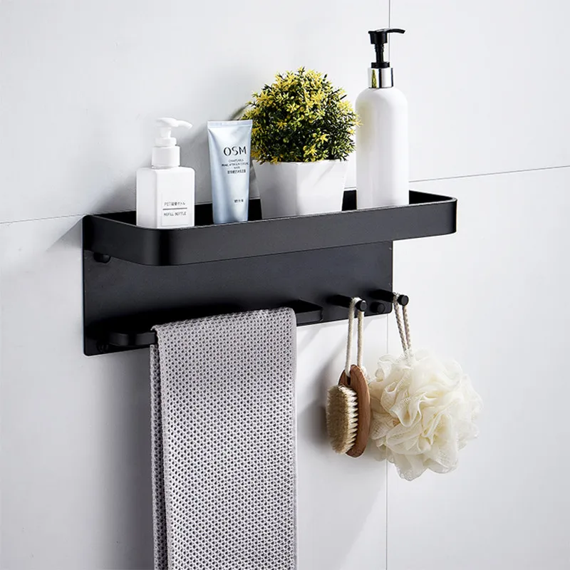 Black Bathroom Shelf Towel Bar Aluminum Storage Organizer Rack