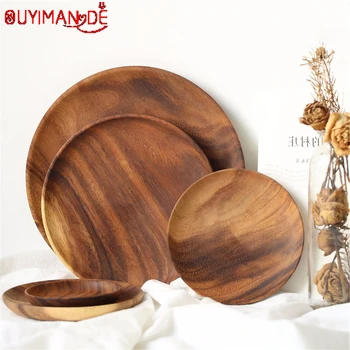 

Round Solid Wood Plate Whole Acacia Wood Fruit Dishes Wooden Saucer Tea Tray Dessert Dinner Breakfast Plate Tableware Set