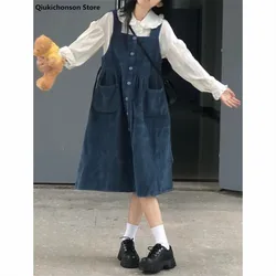 Kawaii Corduroy Girl's Suspender Skirt 2022 Spring Japanese Style Pockets Design Single Breasted High Waist School Girl Jupe