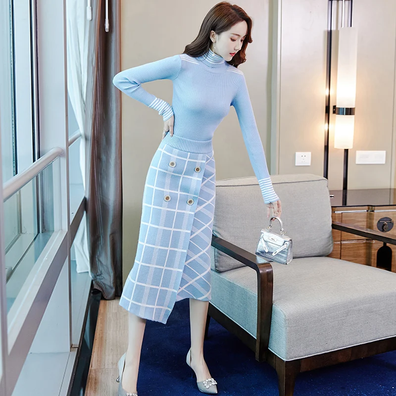 Top Brand Designer Women Sweater Skirt 2Pcs Set 2019 Autumn Winter High Neck Knit Top+Plaid Skirt Suit Set Lady Twinset