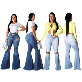 

Newest Arrivals Solid Color High Waist Jeans Women Denim Pants Elastics Fashion Street Knee Hole Horn Classic Jeans 2 Color