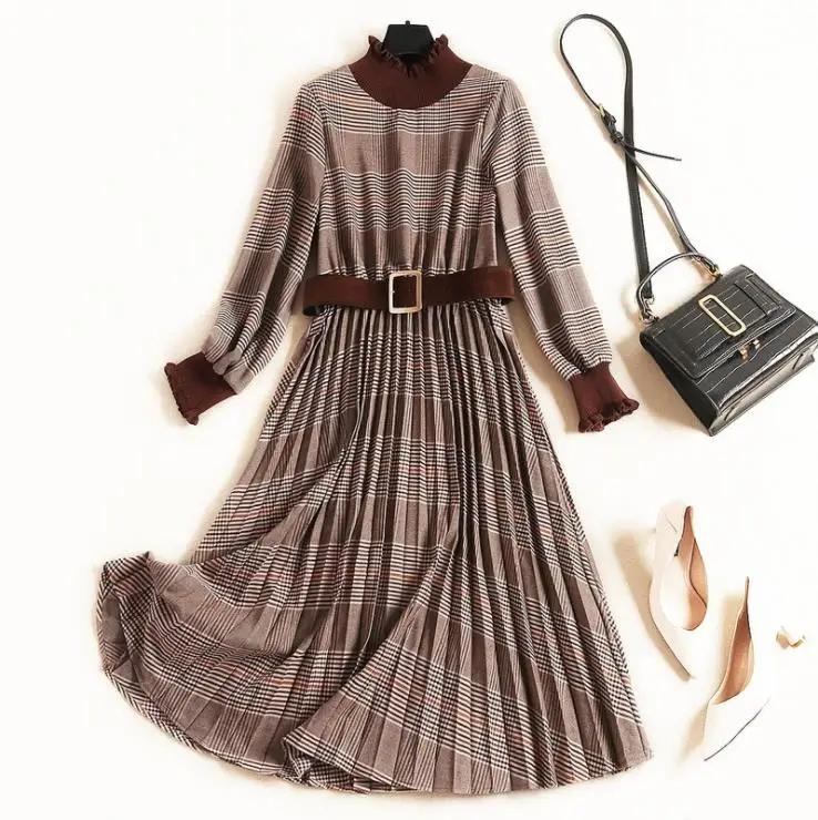 

Autumn 2019 new European and American women's wear Long sleeve collar Check print pleats Fashion belt dress