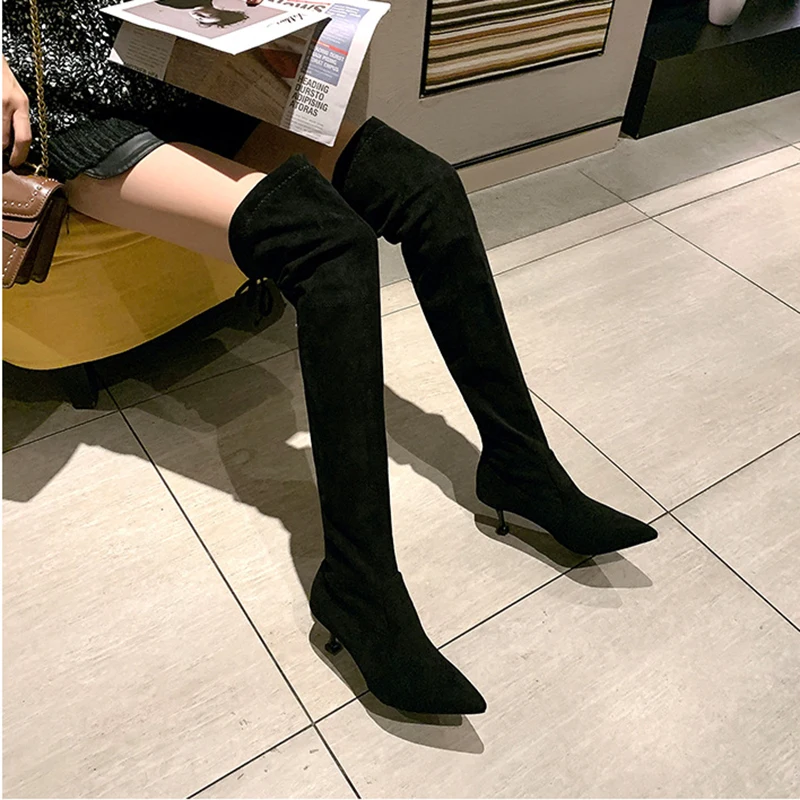 

Pointed toe stretch slim long boots black flock lace-up chelsea botas thin high heels fashion over-the-knee botines women shoes