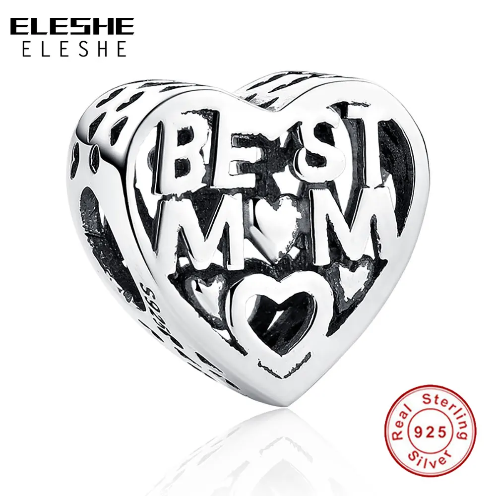 ELESHE Real 925 Sterling Silver Best MOM Heart Beads Charms Fit Original Bracelet Necklace DIY Jewelry Making Mother's Day Gift |