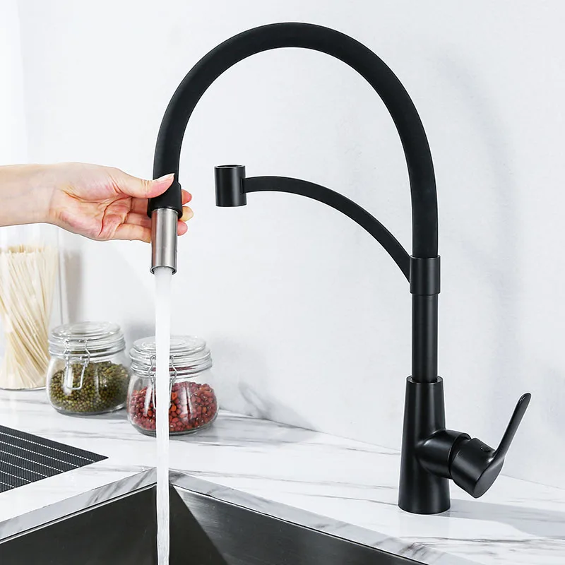 Black Stainless Steel Kitchen Faucet Kitchen Silica Gel Tube Pull Out Water Taps Cold Hot Water Mixer Single Hole Deck Mounted