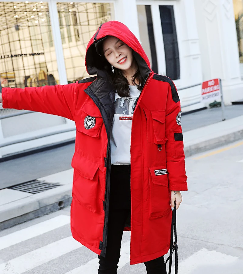 Дизайн женские зимние куртки Модные свободные с капюшоном женские длинные пальто с хлопковой подкладкой Большие женские парки